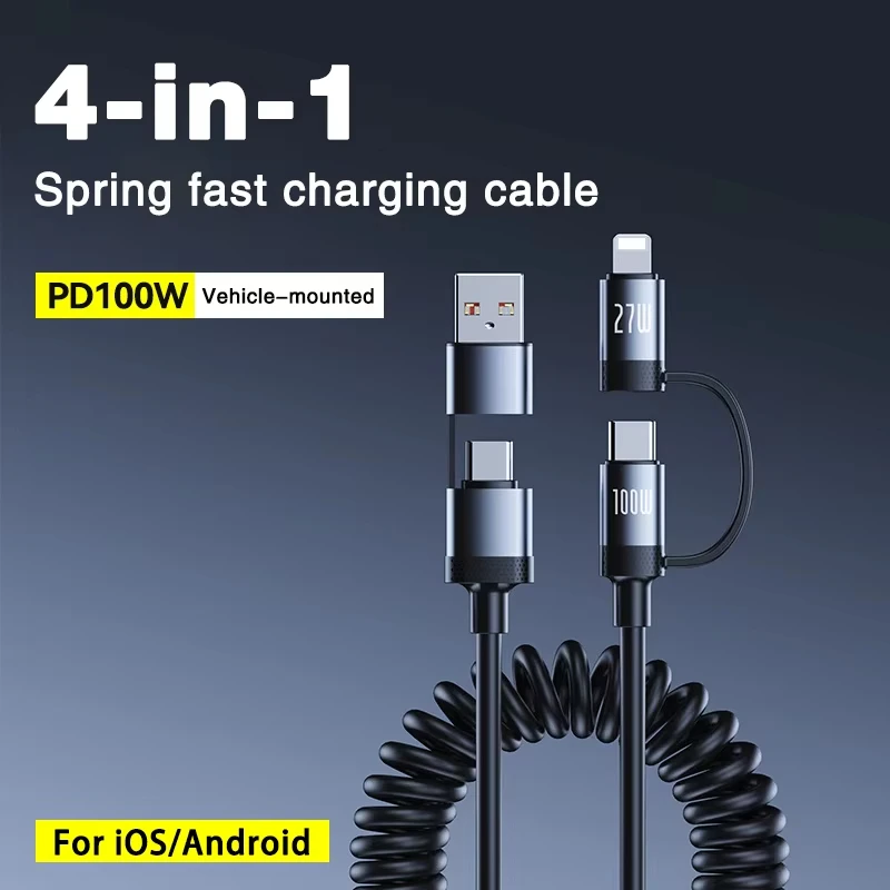 100W Dual Drag Spring Data Cable USB Type C For iPhone 16 Pro Max Huawei Samsung S25 6A Extendable USB C Fast Charging Cord