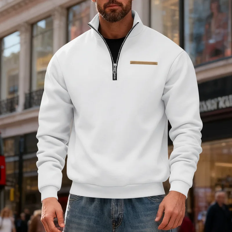 Maglione sportivo con striscia di colore a contrasto, colletto rialzato termico da uomo allentato pesante in velluto invernale americano, vendita calda