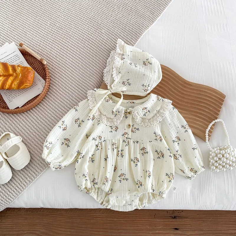 

Princess Baby Romper 0-2Years Newborn Girl Long Sleeve Peter Pan Collar Flower Bodysuit Hat 2PCS Cotton Outfits Autumn Clothes