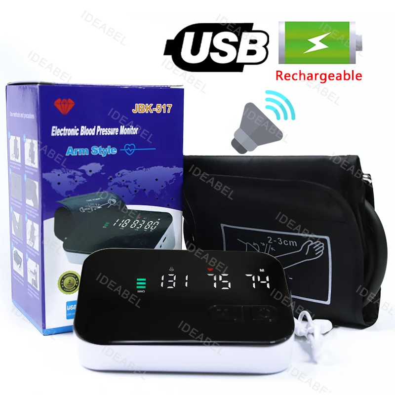 Monitor de presión arterial recargable LED superior del brazo automático BP esfigmomanómetro medidor de presión tonómetro voz en inglés