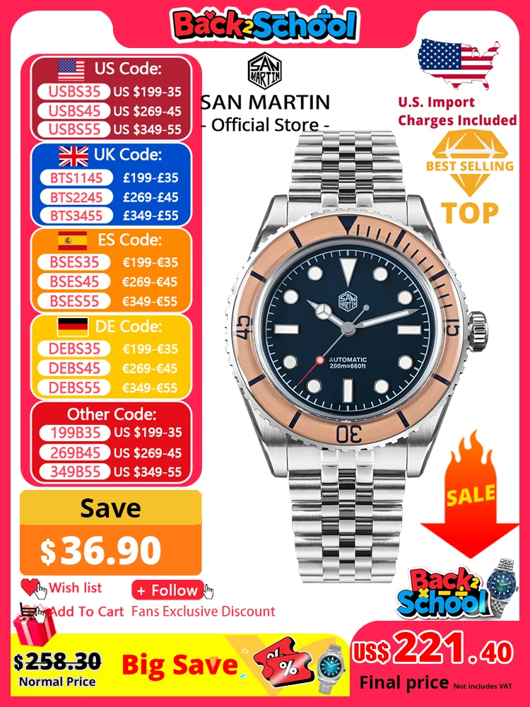 

San Martin Vintage Luxury Men Dive Watch 40mm NH35 Automatic Mechanical Sapphire Bezel J-type Bracelet Waterproof 200m SN0133
