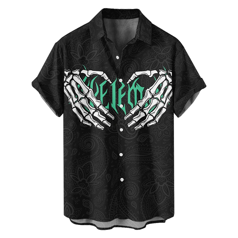 

Original Summer skeleton hand Casual Travel Plus size Short Sleeve Shirt Hawaiian Style retro digital print loose trend shirt