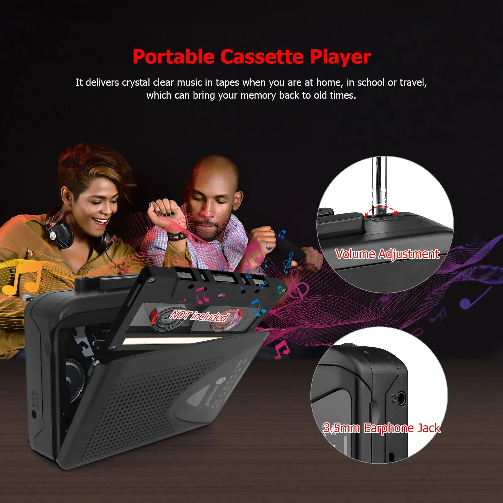 

TONIVENT TON009 Portable Cassette Player - AM/FM Radio, Auto Stop, 3.5mm Jack for Home School Travel