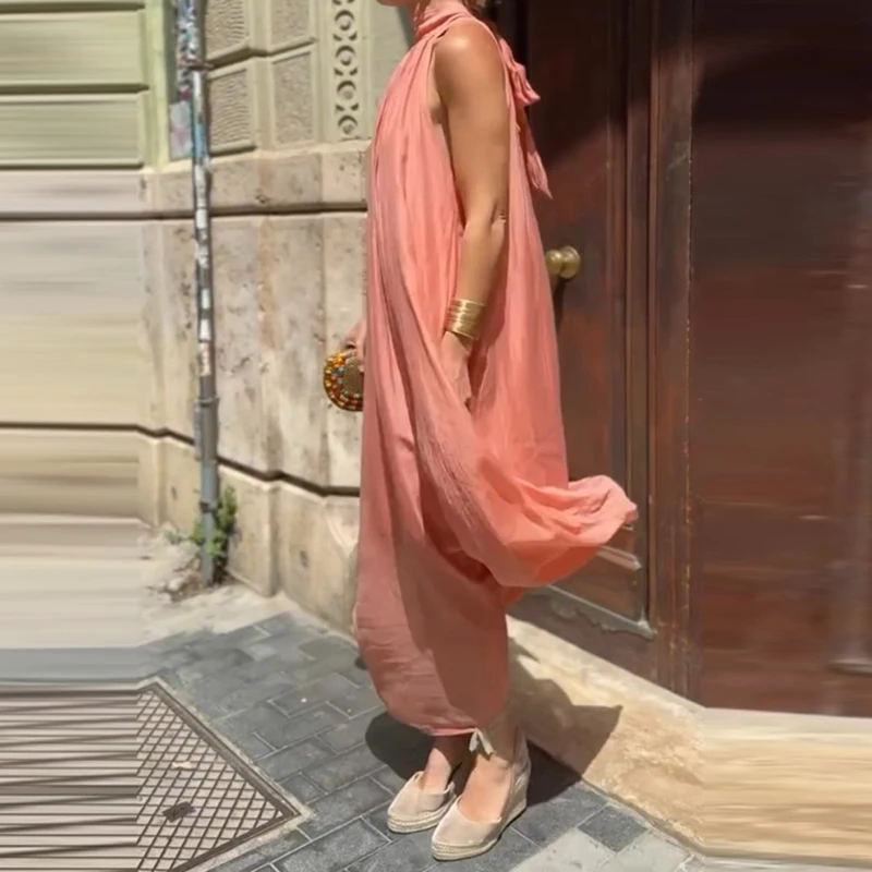 Elegant Draped Lace-Up Maxi Dress Fashion Half High Collar Simple Long Dress Summer Women's Casual Sleeveless Loose Party Dress