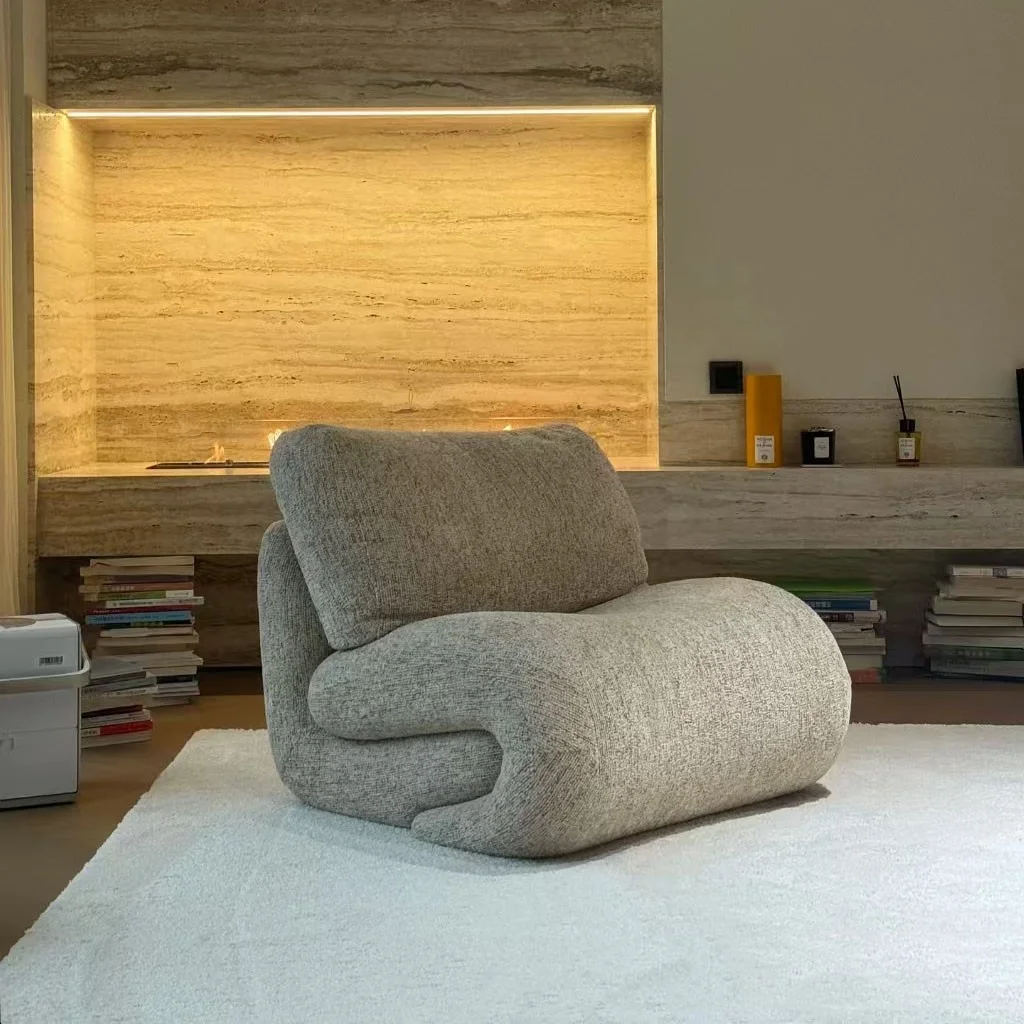 #Fabric Accent Chair Snake-Like Curved Silhouette Floor-Seated Plush Cushions Minimalist Wabi-Sabi Cozy Living Room Furniture