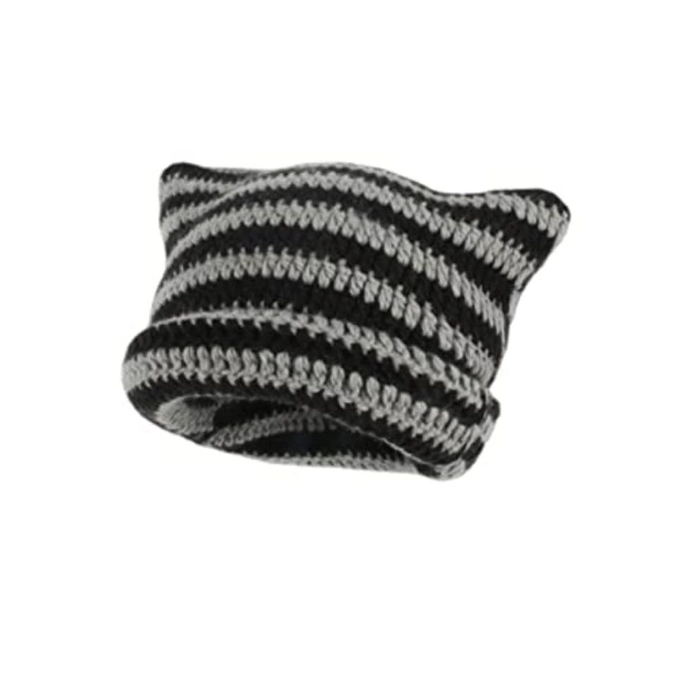  Cute Cat Ears Beanie Hats for Women Winter Striped Korean Punk Gothic Y2K Wool Knitted Streetwear Handmade Crochet Bucket Cap 