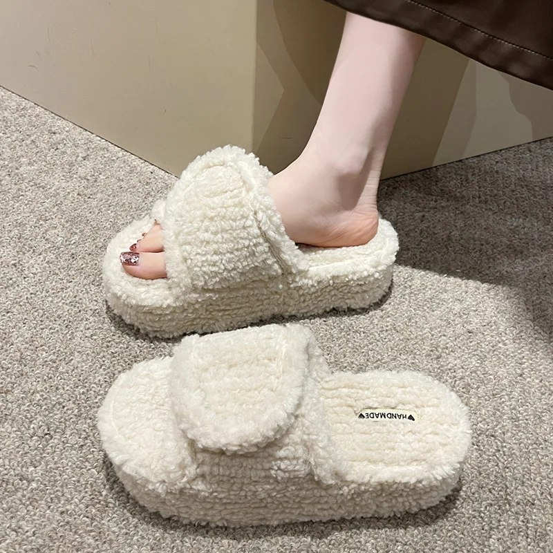 2023 New hook loop Mao Mao slipper women wear wool slippers autumn fashion home platform increased flip flops zapatillas mujer