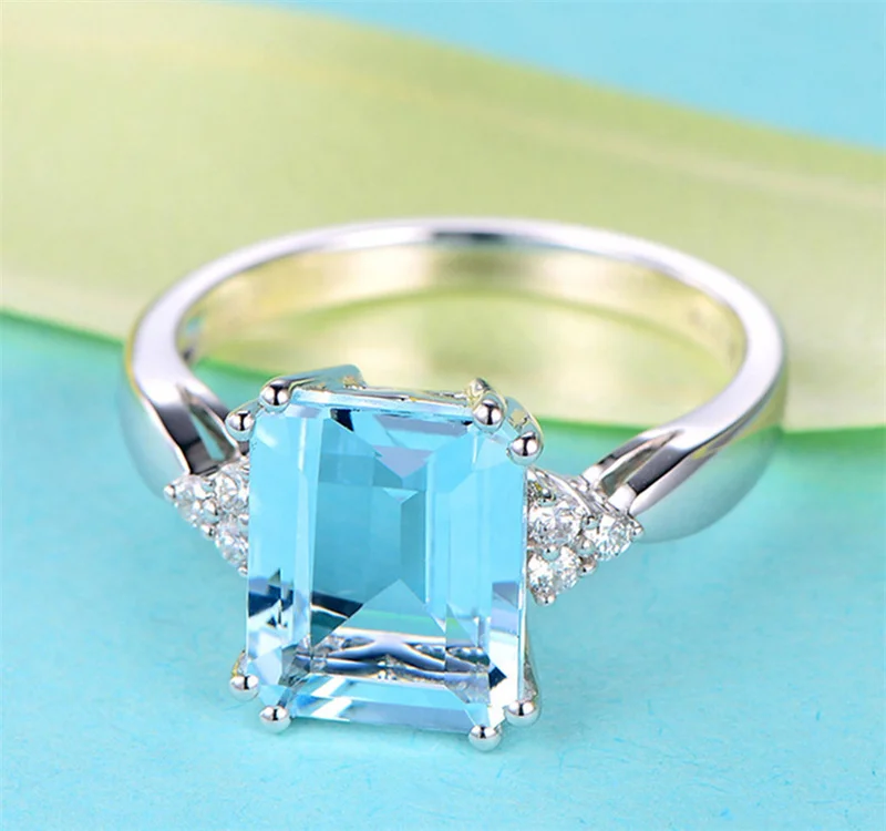 Anillo de Plata de Ley 925 con piedras preciosas de Aguamarina para mujer, joyería para fiesta de boda, regalos al por mayor