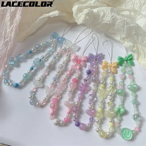 Cute Heart Beaded Bracelet Acrylic Colorful Bowknot Flower Butterfly Sweet Pearl Mobile Phone Shell Accessories Anti-Lost Chain