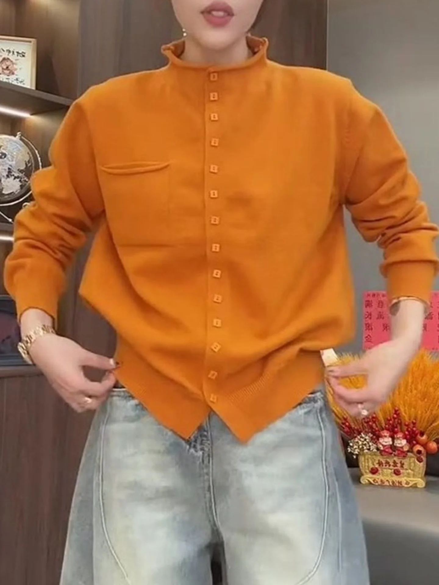 편안한 니트 롱 스웨터 캐주얼 단색 가을 겨울 싱글 버튼 슬림 스웨터 부드러운 카메라