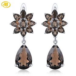 Natural Smoky Quarts Sterling Silver Drop Earrings 8.2 Carats Crystal Pear Cut Classic Style Jewelry New Year Gifts