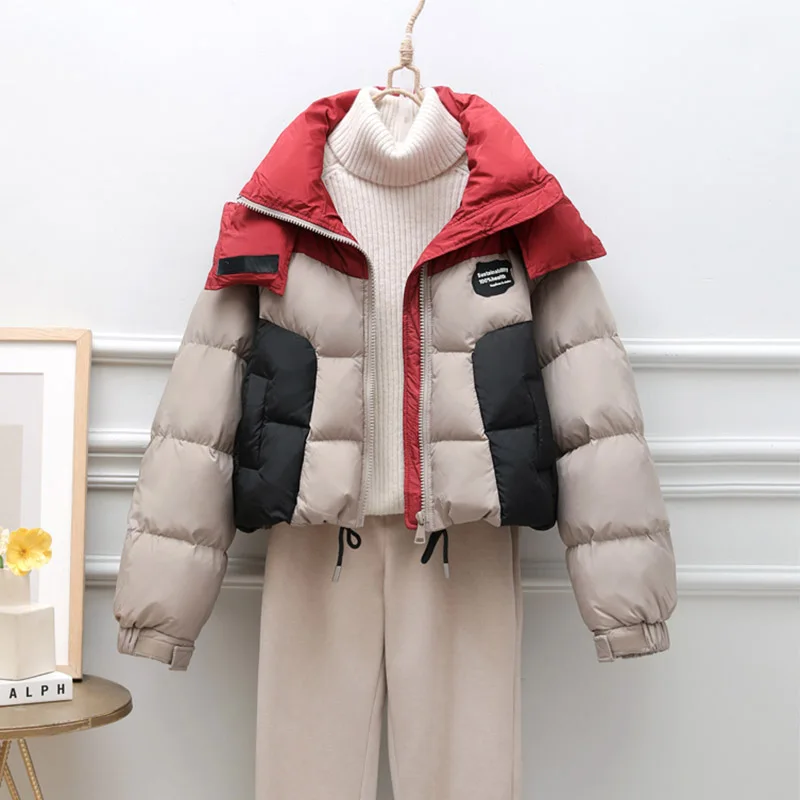 New Winter Women Block Color White Duack Down Jacket Short Splicing Fashion Loose Warm Coat Casual Tide Coat Outerwear Female