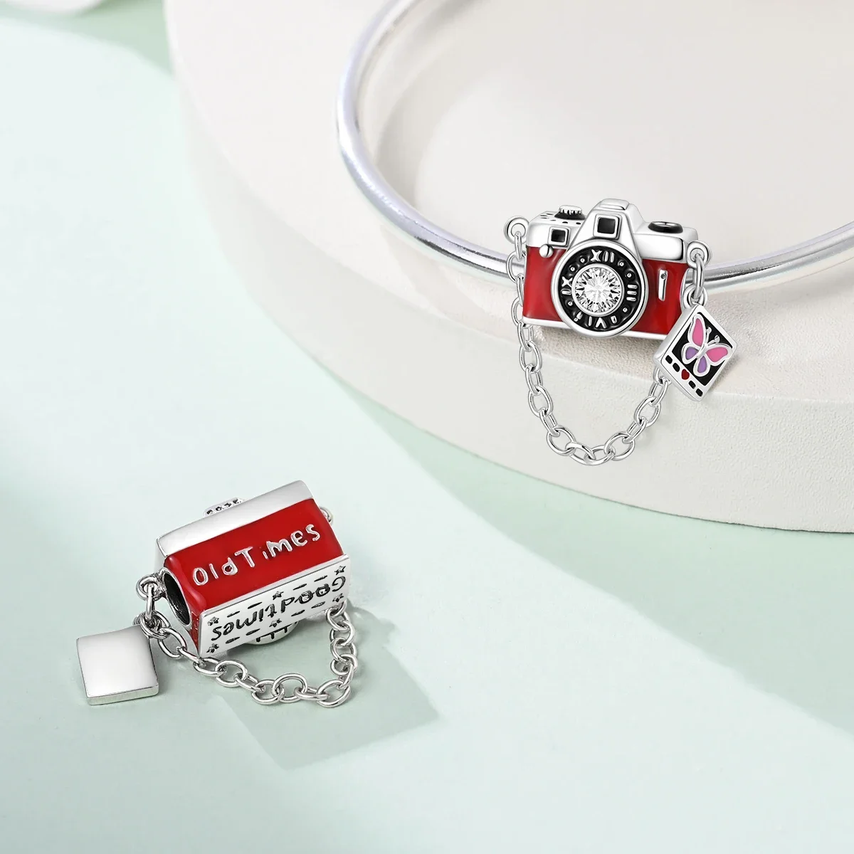 925 Sterling Silver Poker Alarm Clock Charms Colored Zircon Camera Beads Pendant Fit Brand Bracelet DIY Birthday Jewelry Gift