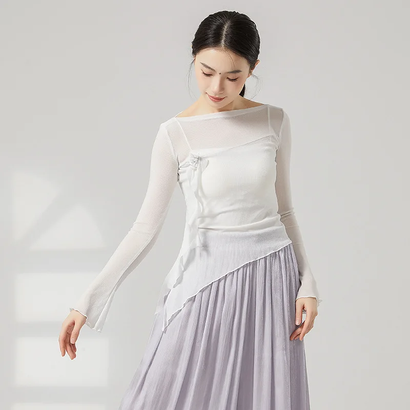 Volwassen Bloem Bling Mesh Slanke Semi Transparante Lange Mouw Asymmetrische Zoom Buikdans Blouse Kostuums voor Vrouwen Danskleding