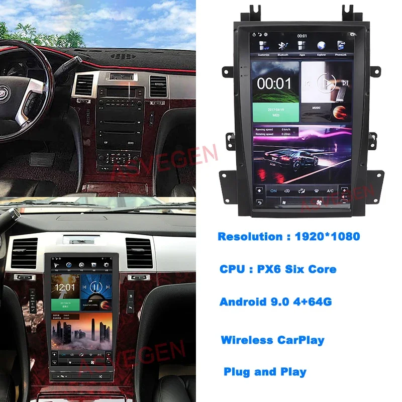 13.6inch Tesla Screen Car Multimedia Android DVD Radio Player GPS Navigation Car Video For Cadillac Escalade 2007-2012