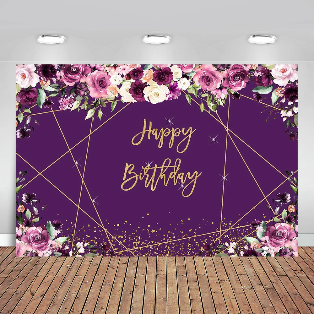 

Gold Stripes Glitter Flowers Violet Photography Backdrop 30th 40th 50th Birthday Party Backdrop Custom Banner Poster Decor