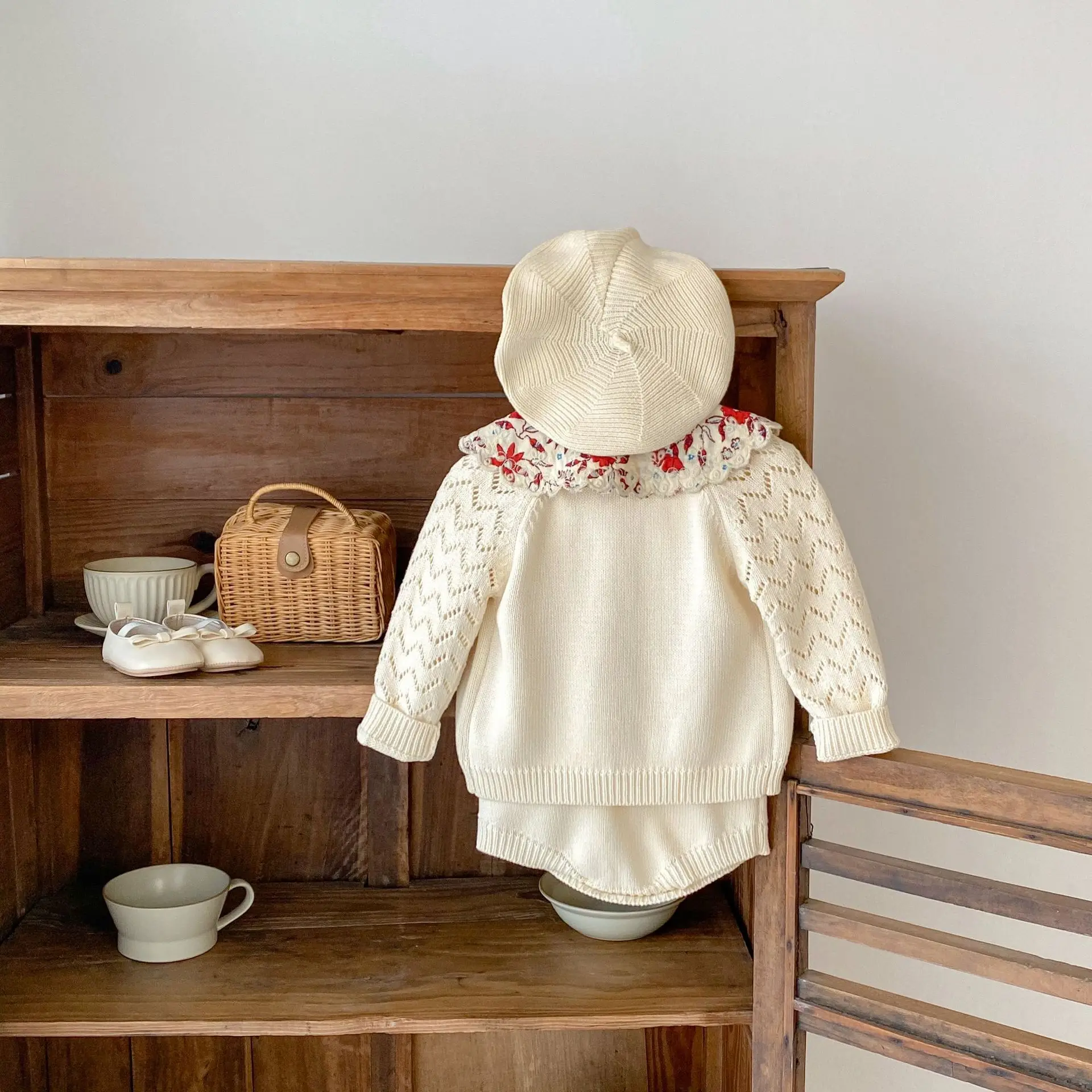 Baby Clothing 2024 Spring Girl Embroidered Hollow Long Sleeve Knitted Coat and Flower Romper Casual Simple Sweet Set