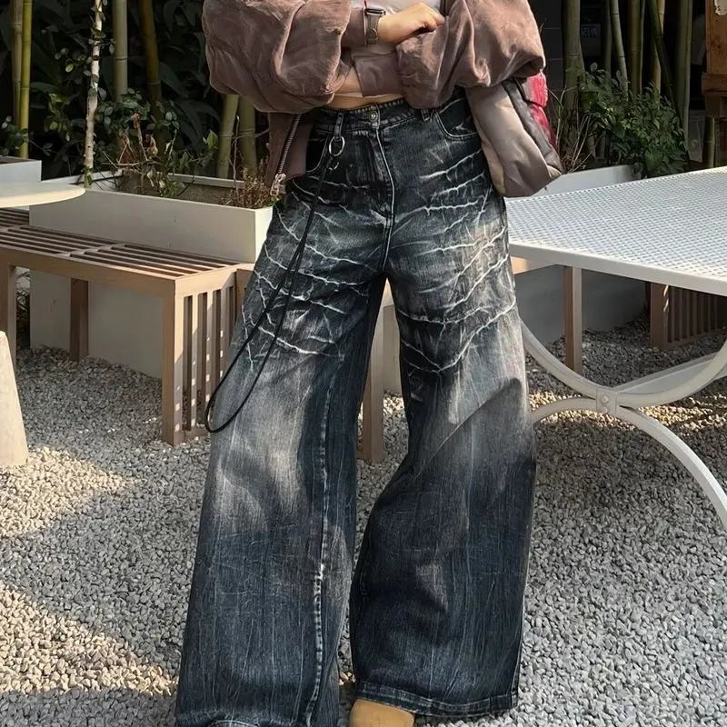 

Foufurieux American High Street Design Vintage Tie Dye Jeans Unisex Summer Oversized Wide Leg Floor Pants Male Clothing