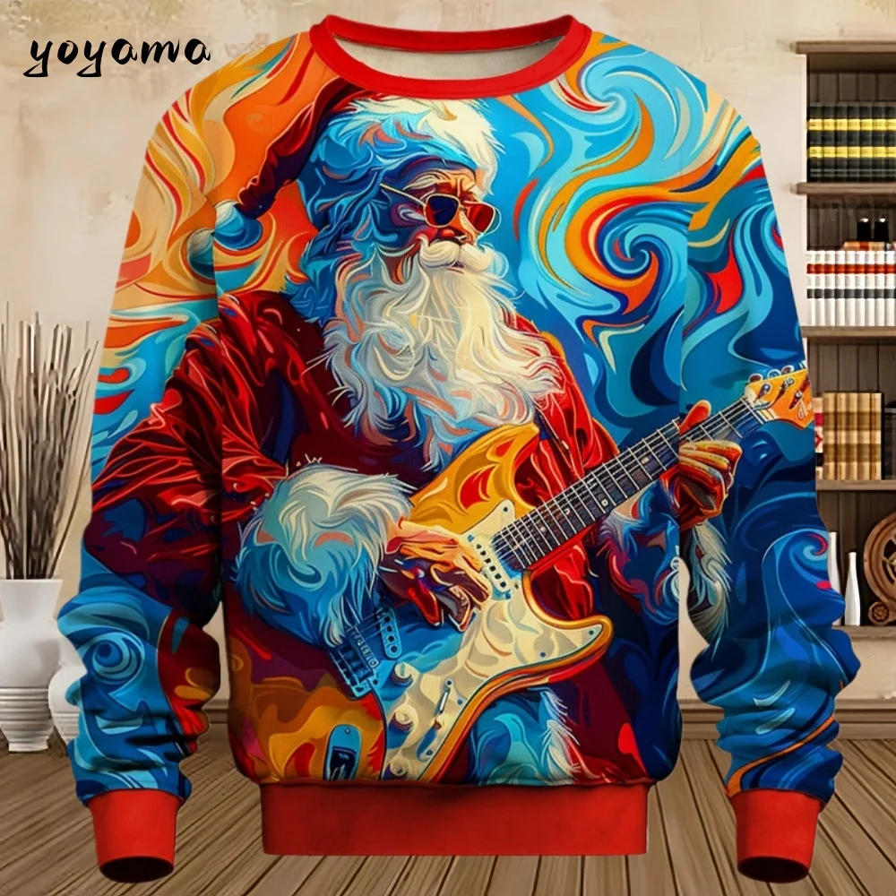 Funny Christmas 3D Print Sweatshirt for Men Music Motorcycle Santa Claus Pattern Pullover Casual O-Neck Long Sleeve Y2k Hoodies