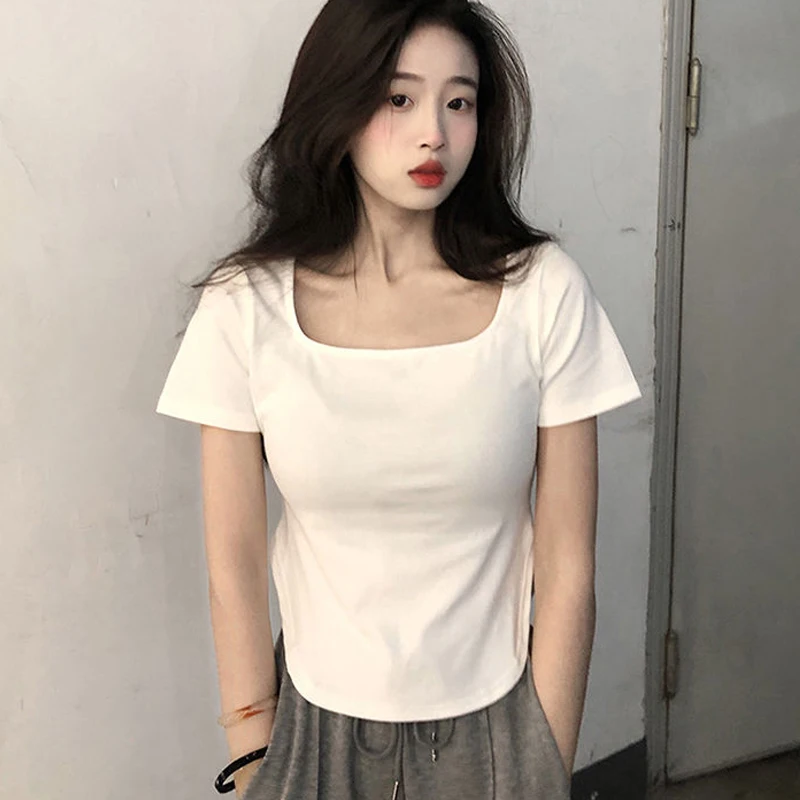 

plus Size 2300 Pou Square Collar ort Sve T-irt Women Summer Korean Version New Pure Desire Slimming Asymmetric...