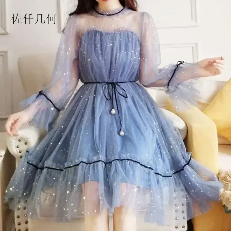 Sukienki damskie 2025 Nowa Słodka Pierwsza Miłość Różowe Sukienki z Siateczki Styl Preppy Długi Rękaw Sukienka Bandage Damska