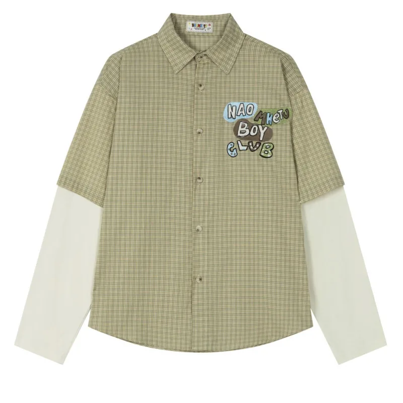 

2025 Autumn American retro letter embroidered fake two-piece loose long sleeved shirt casual fashion trend couple lapel shirt