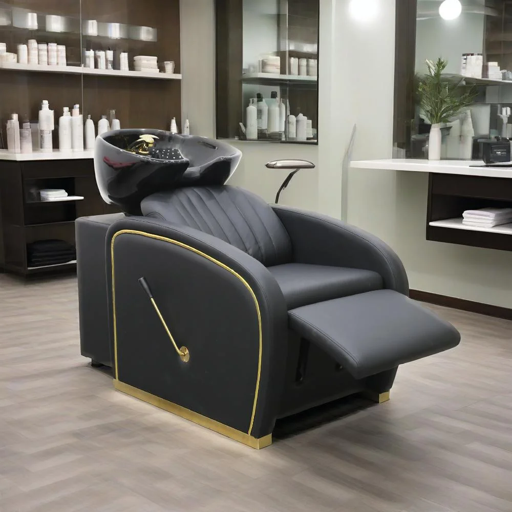 

！@Modern Simple Barbershop Furniture Black Gold Washing Head Spa Chair Luxury Reclining Manual Shampoo Bed Chair with Ceramic Bl