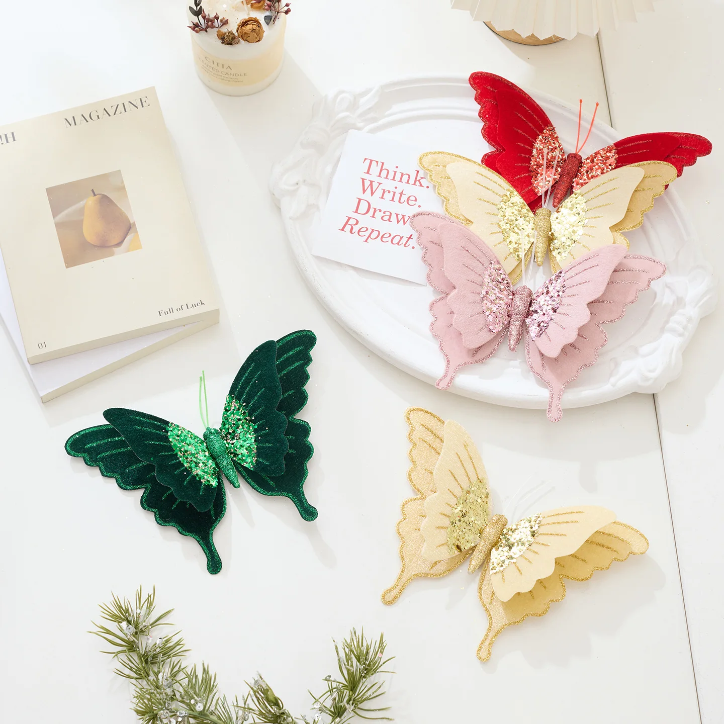 

2Pcs Christmas Tree Decoration Dress Up High-grade Velvet Double Simulation Butterfly Christmas Flower Christmas Decorations