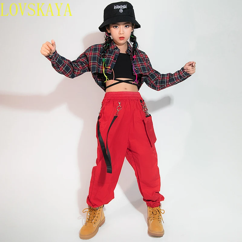 Girls Hip-hop Clothing Plaid Shirt with Exposed Navel Vest, Red Loose Casual Pants,street Dance Costume,jazz Performance Costume