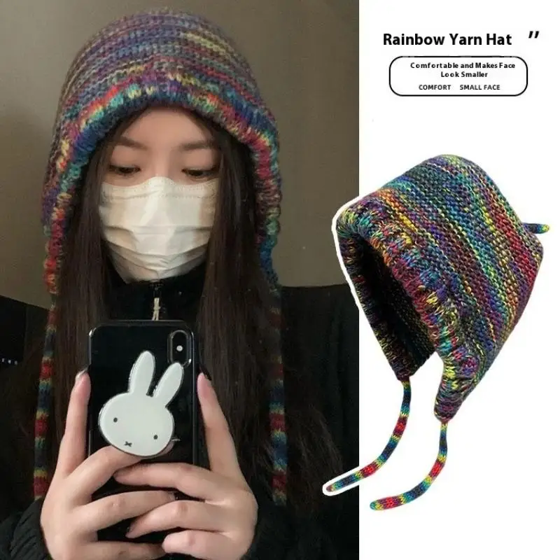 1Piece New Rainbow Striped Knitting Beanie Hat Women Girl Winter Warm Crochet Ear Protection Cap Mountaineering Gloves