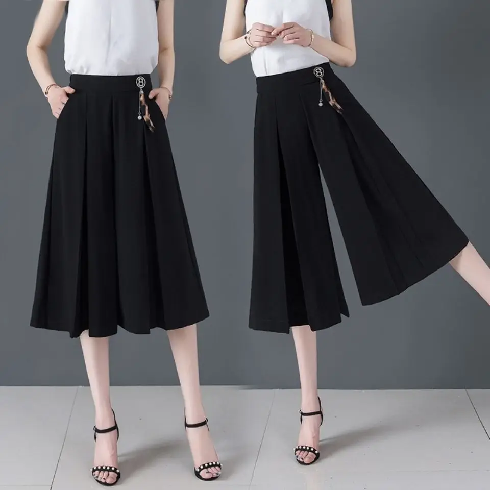 

2024 Women Skirt Pants See-through Chiffon Double Layers High Elastic Waist Loose Wide Leg Mid-calf Length Cropped Pants Z435