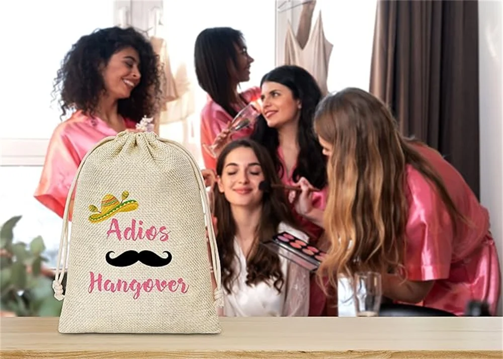 Kit de resaca Bolsas de regalo - Kit de recuperación de supervivencia - Bolsas de regalo de algodón con tema Adios Hangovers con cordón - Fiesta Bachelorette Pa