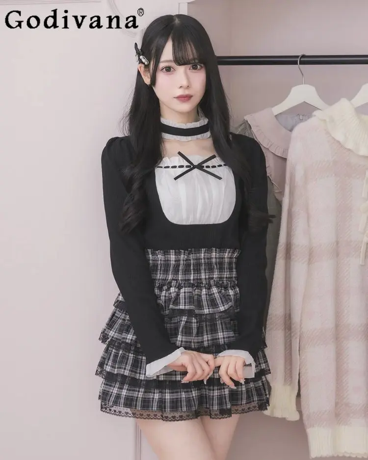 

Японский стиль: модный топ с длинным рукавом, весна 2026, новая женская приталенная элегантная футболка с бантом и воротником-рюшами, топ-халтер