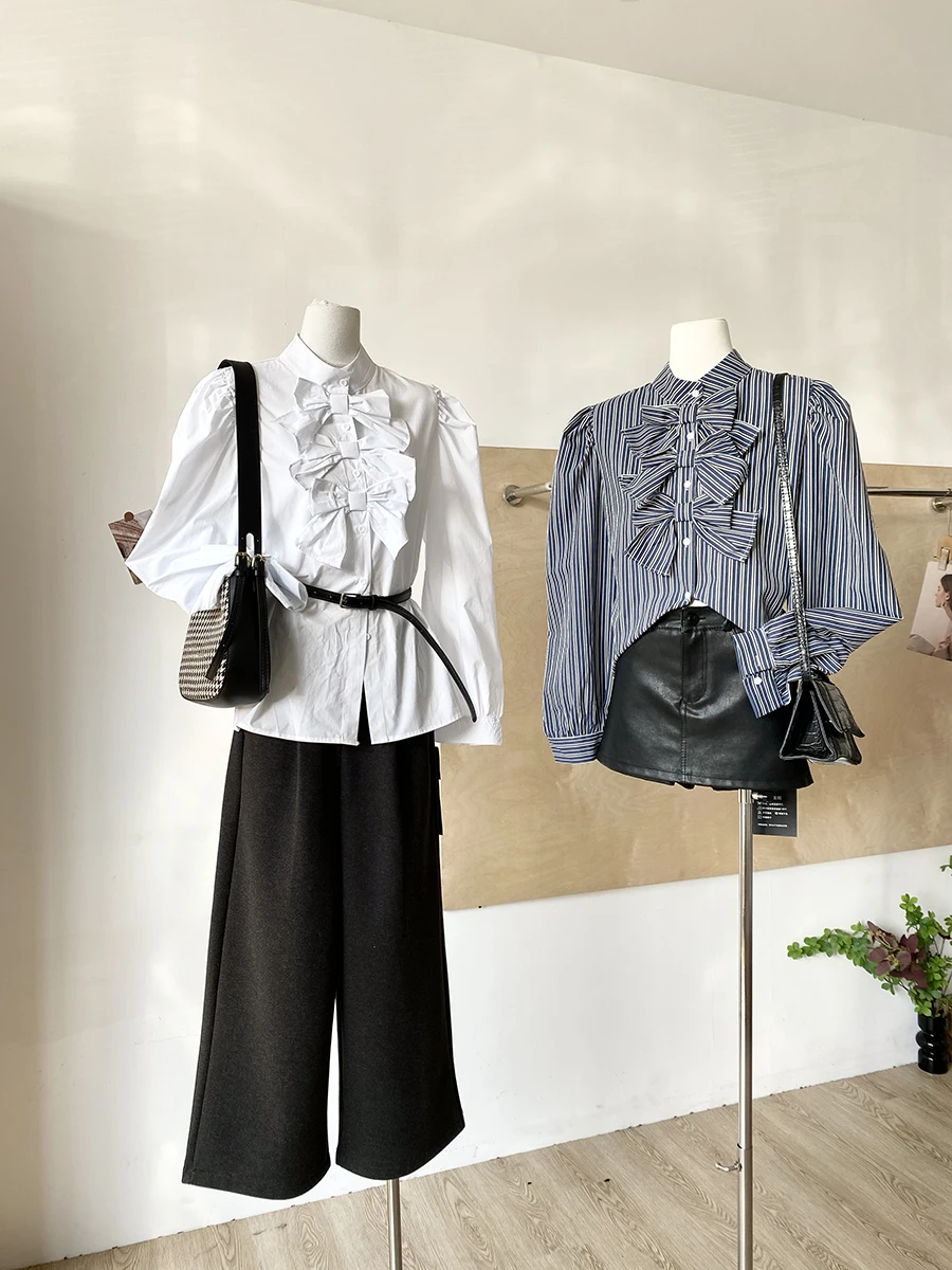 

Spring 2026 Korean Style Loose Fit Striped Shirt Women's Long Sleeve Knot Top Slimming Effect Casual Fashion