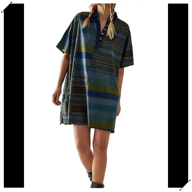 Women Contrast Striped Babydoll Y2k Summer Patchwork T- Shirt Dress Vintage V Neck Short Sleeve Dress
