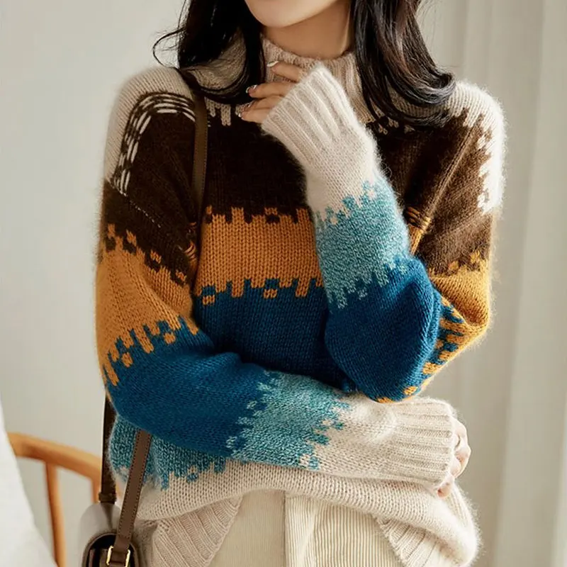 Korean Color Striped Knitted Jumpers Autumn Winter Long Sleeve Female Clothing Casual Half High Collar Commute Loose Sweaters