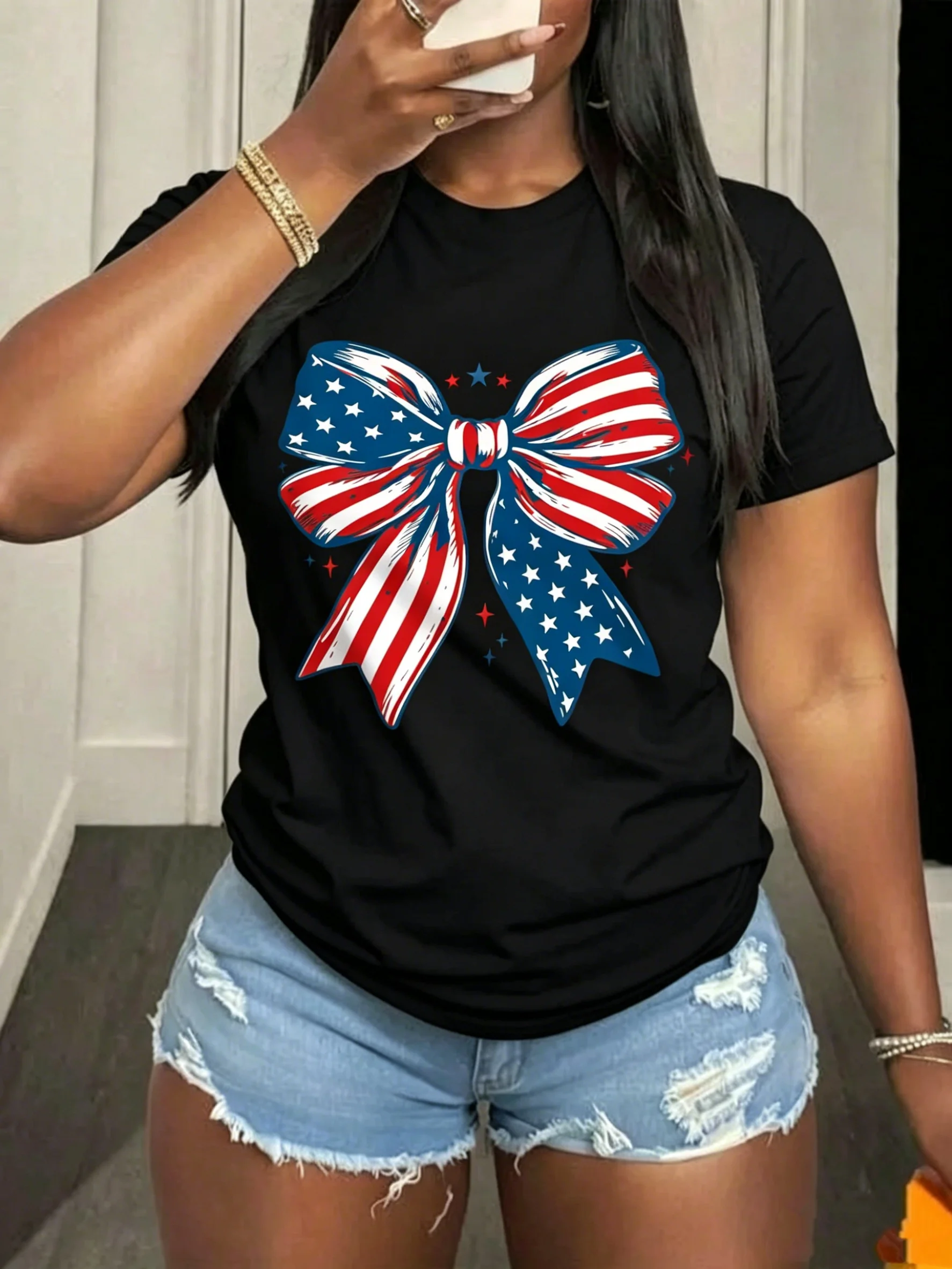 Plus Size Women Retro Girly Patriotic Tshirt Coquette US Flag Bow Print Pure Cotton Comfortable Loose Crew Neck Tops Suitable for Independence Day Daily Outing Holiday Party All-Year Round Outfits