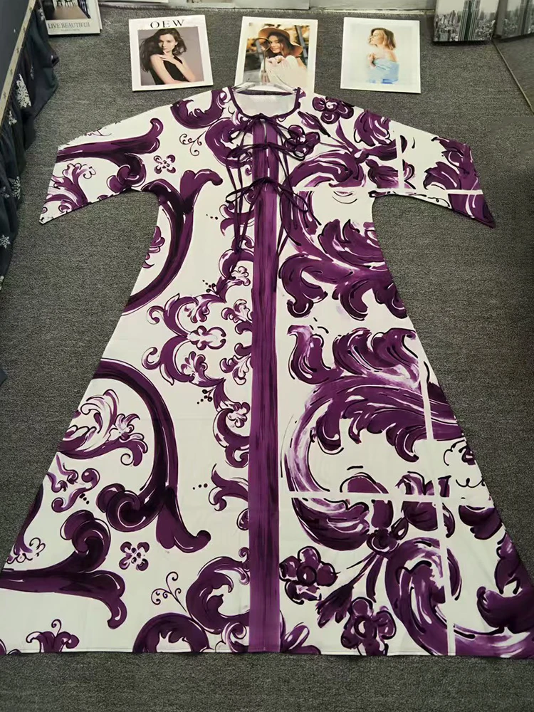 Robe d'été rétro à imprimé géométrique pour femmes, col rond, cravate découpée, jupe bouffante ample irrégulière à la mode, 2025