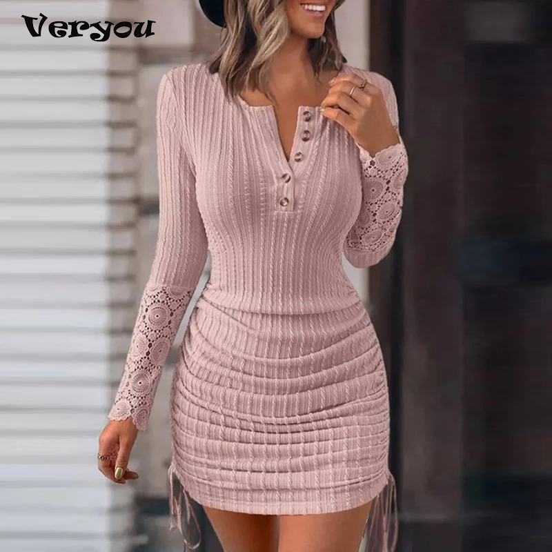 

Lace Splicing Button Drawstring Long Sleeve Bodycon Dress Sexy Club Dress Ladies 2023 Autumn For Women Party Mini Dress Clubwear