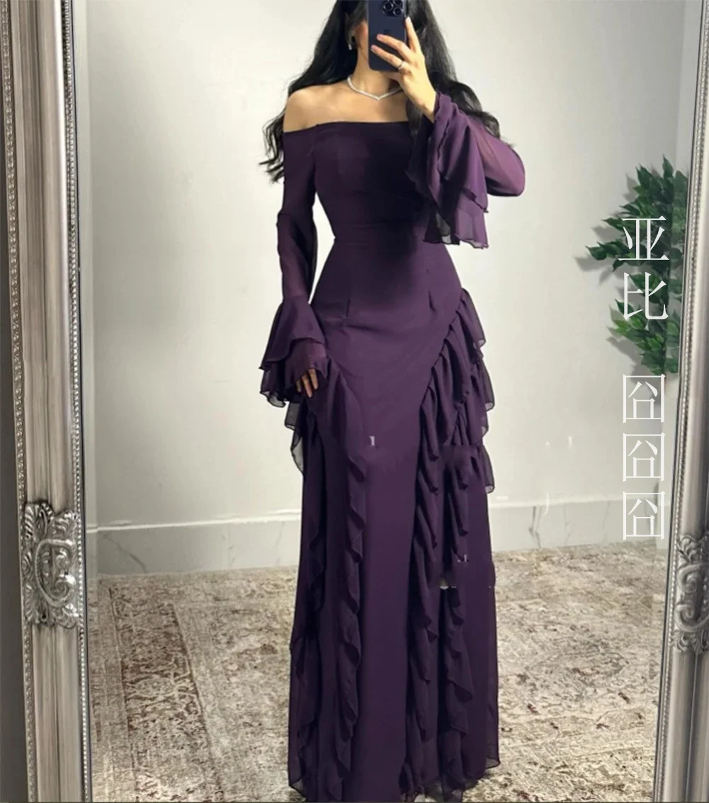 Purple Prom Dresses Sheath Evening Dresses Long Sleeve Chiffon Off Shoulder Formal Wedding Party Dress vestidos de gala 2024