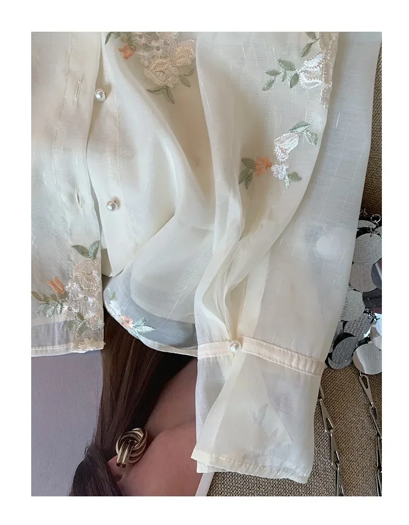 Chiffon Women\'s Shirts Spring/summer Embroidery Chinese Style Blouses Loose Long Sleeves Women Tops Floral Clothing 2024 Korean