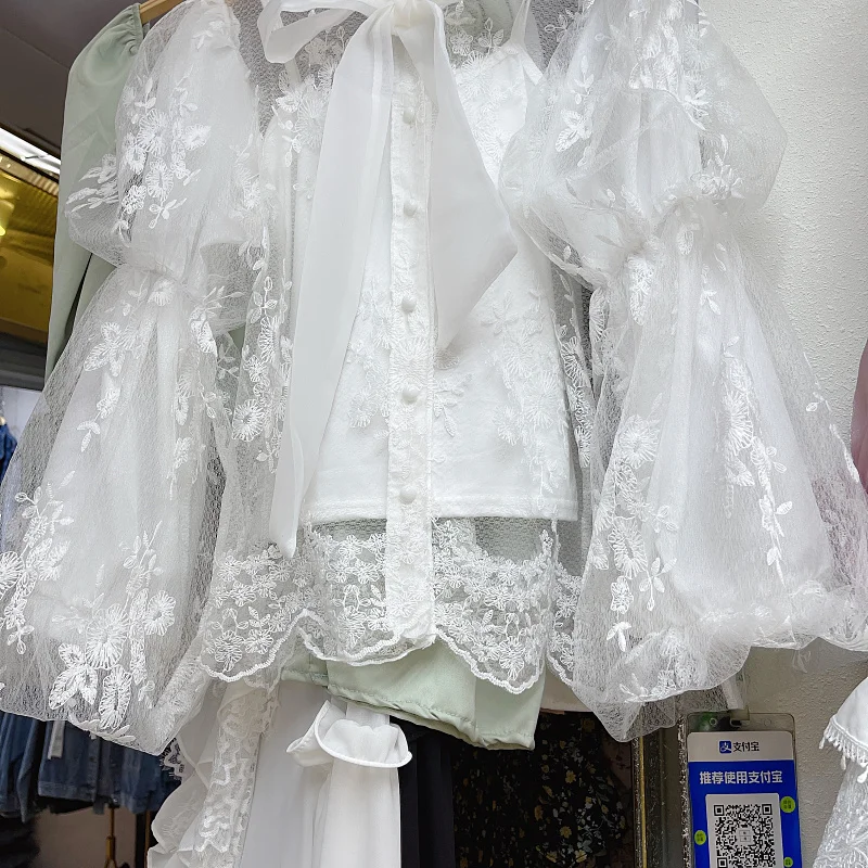 Korean Style 2023 Spring New Fashion Sweet Bow Self-Tie Lace Mesh Bubble Blouses Women's Trend Lantern Sleeve Lace Shirt Top