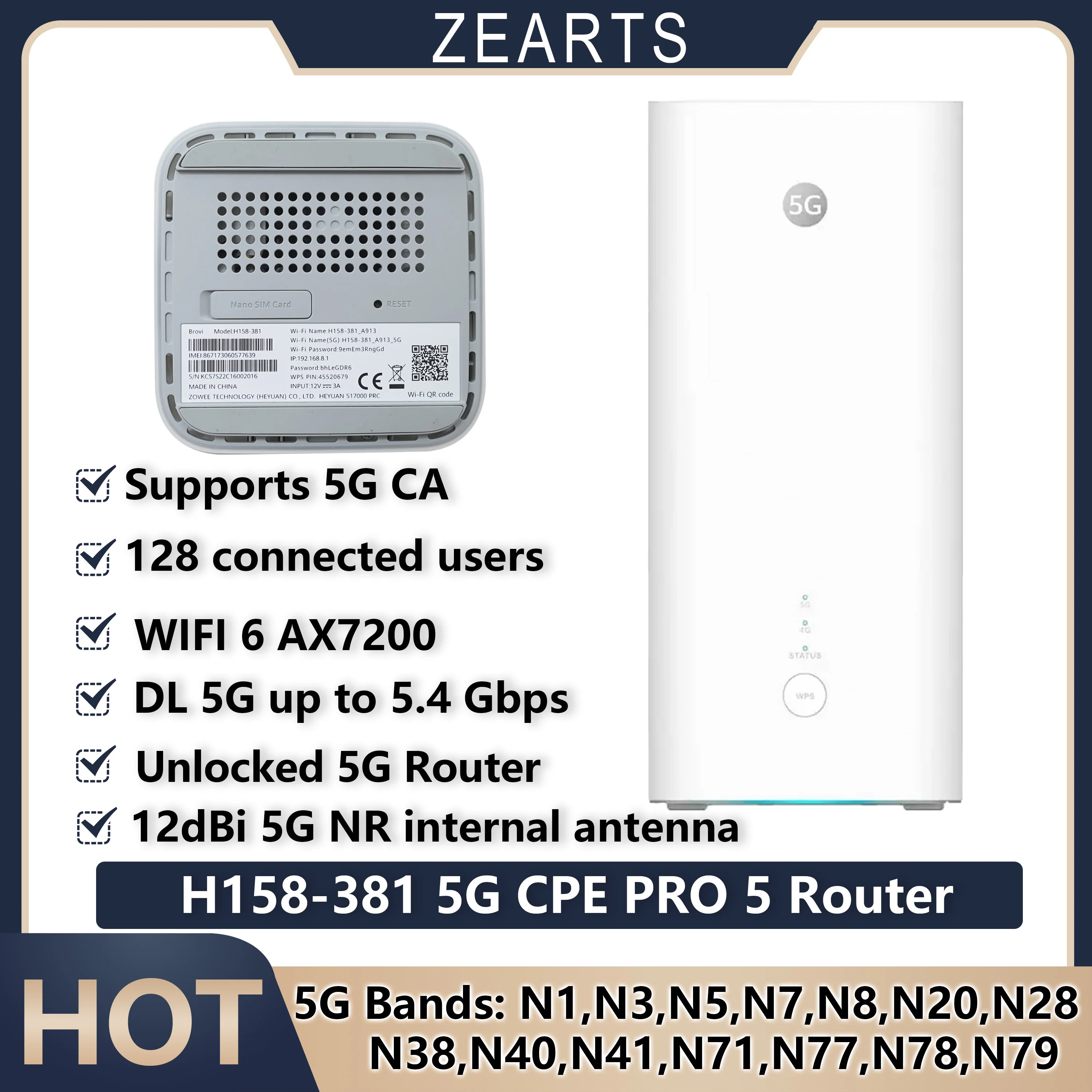 

Unlocked 5G CPE Pro 5 H158-381 5G CA WiFi 6 Router 5.4Gbps 12dBi Antenna 128 Connected Users