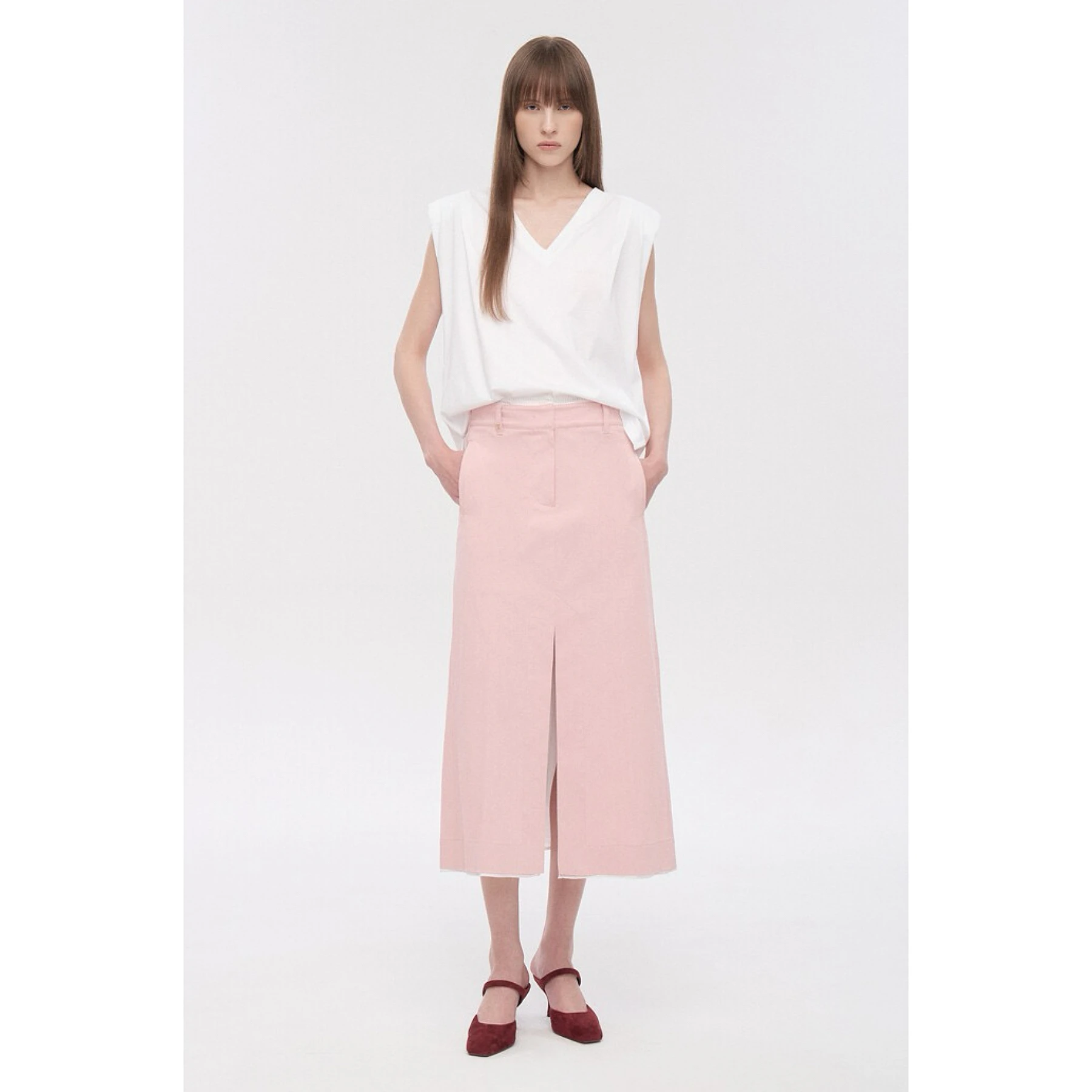 Tim26 Summer Lemon Cheese Casual Commute Drawstring Patchwork Stripe Split Mid-Length Half Skirt High Waist Straight Cut
