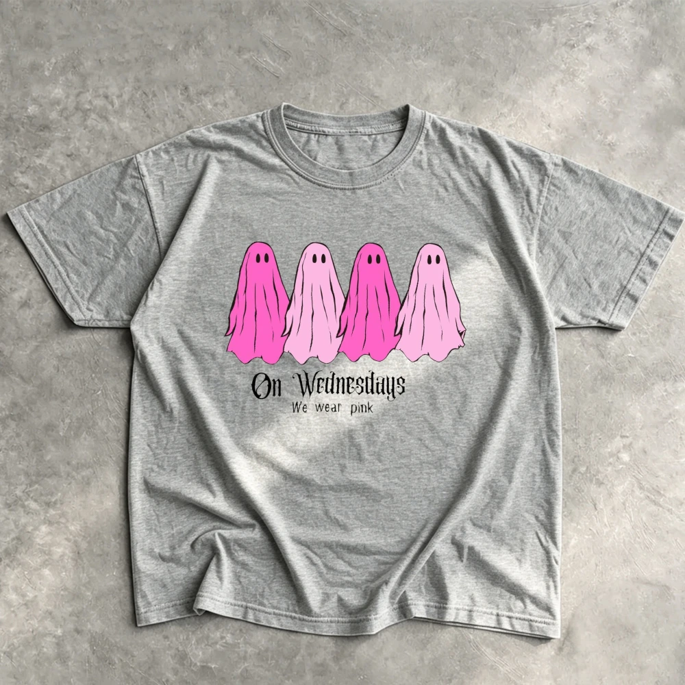 On Wednesdays We Wear Pink Spooky Ghosts Art Ladies Autumn Fall T‑Shirt Halloween Inspirational Breast Cancer Memento Y2k Top view 6