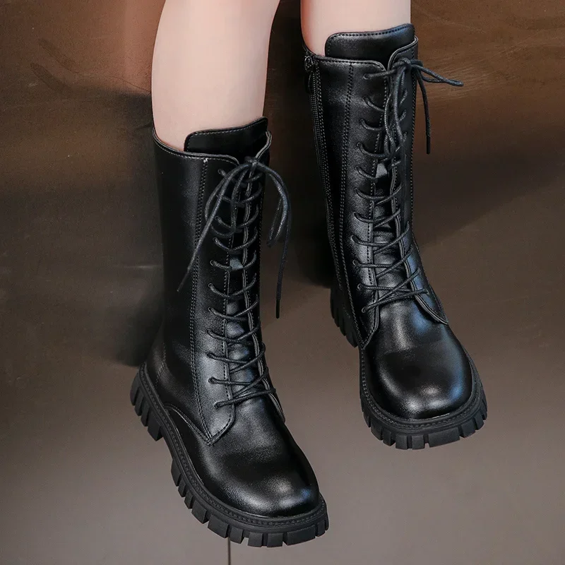 Autumn/Winter ZIP Fashion Cool Baby Girls Warm Square Heel Round Toe Casual Lace-Up Comfortable Kids Black Mid Boots