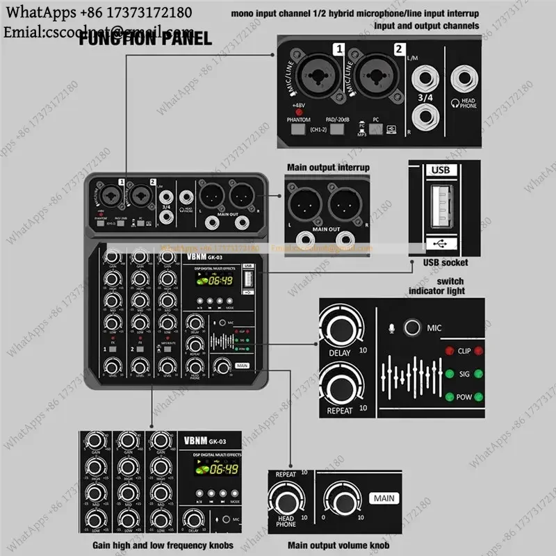 JS02 for DJ Console 4-Channel Audio Mixer USB Studio Sound Mixing 48V Phantom Power Bluetooth MP3 Player for Karaoke