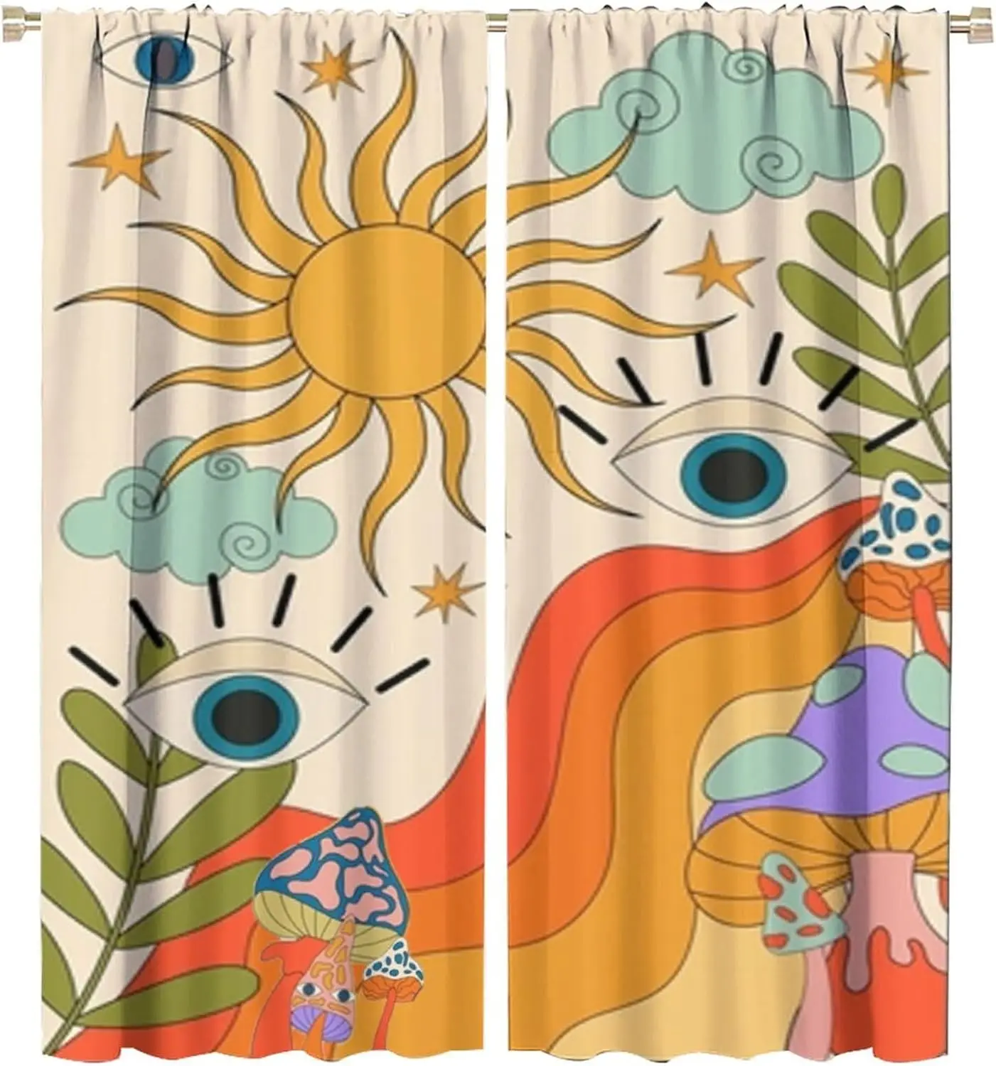 Mid Century Abstract Curtains70s Hippie Mushroom Botanical Leaves Boho Aesthetic Vintage Sun Rainbow Rod Pocket WindowTreatments