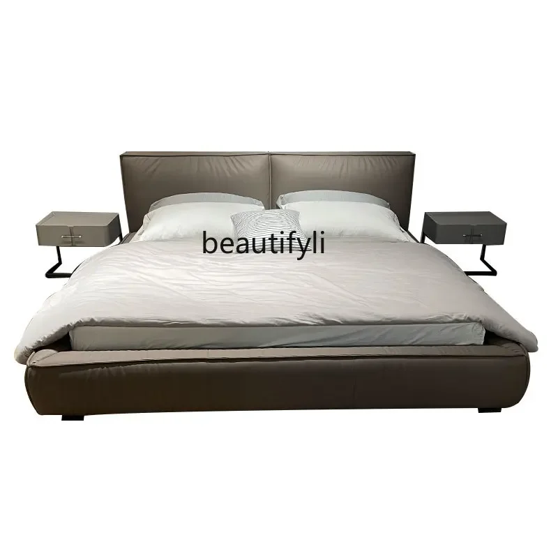 

Leather Double Bed Marriage Bed Master Bedroom First Layer Cowhide Simple Italian Style