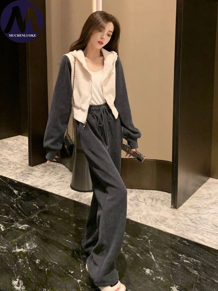 

Sets for Women 2 Pieces 2023 Spring Autumn New Hooded Leisure Sports Coats Suits Fashion Loose Appear Thin Wide Leg Pant Sets